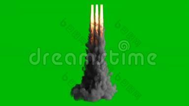 爆炸的<strong>火焰</strong>、烟雾和火花，就像从喷气机或<strong>火箭</strong>发动机燃烧的燃料，在绿色上散发出大量的烟雾